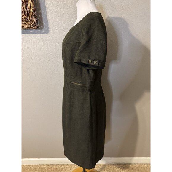 Tahari Levine Dress 10 Tweed Olive Green.Brown Short Sleeve Sheath Career Church - Picture 9 of 10